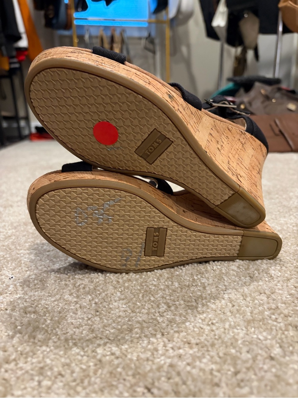 TOMS Black Cork Wedge Sandals with Ankle Strap - Picture 7 of 7